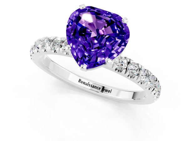 Platinum Heart Cut Tanzanite Solitaire Ring with Pavé Accents and Four-Prong Setting