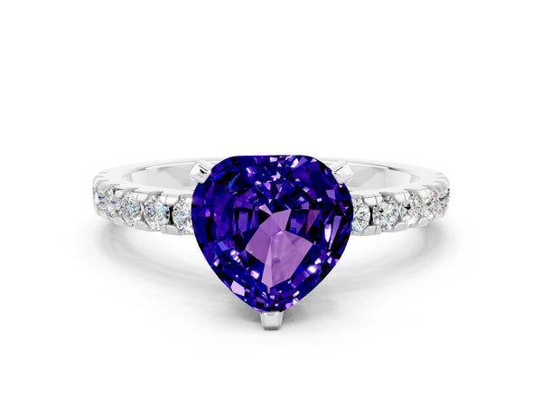 Silver Heart Cut Tanzanite Solitaire Ring with Round  Pavé Band and Four-Prong Setting