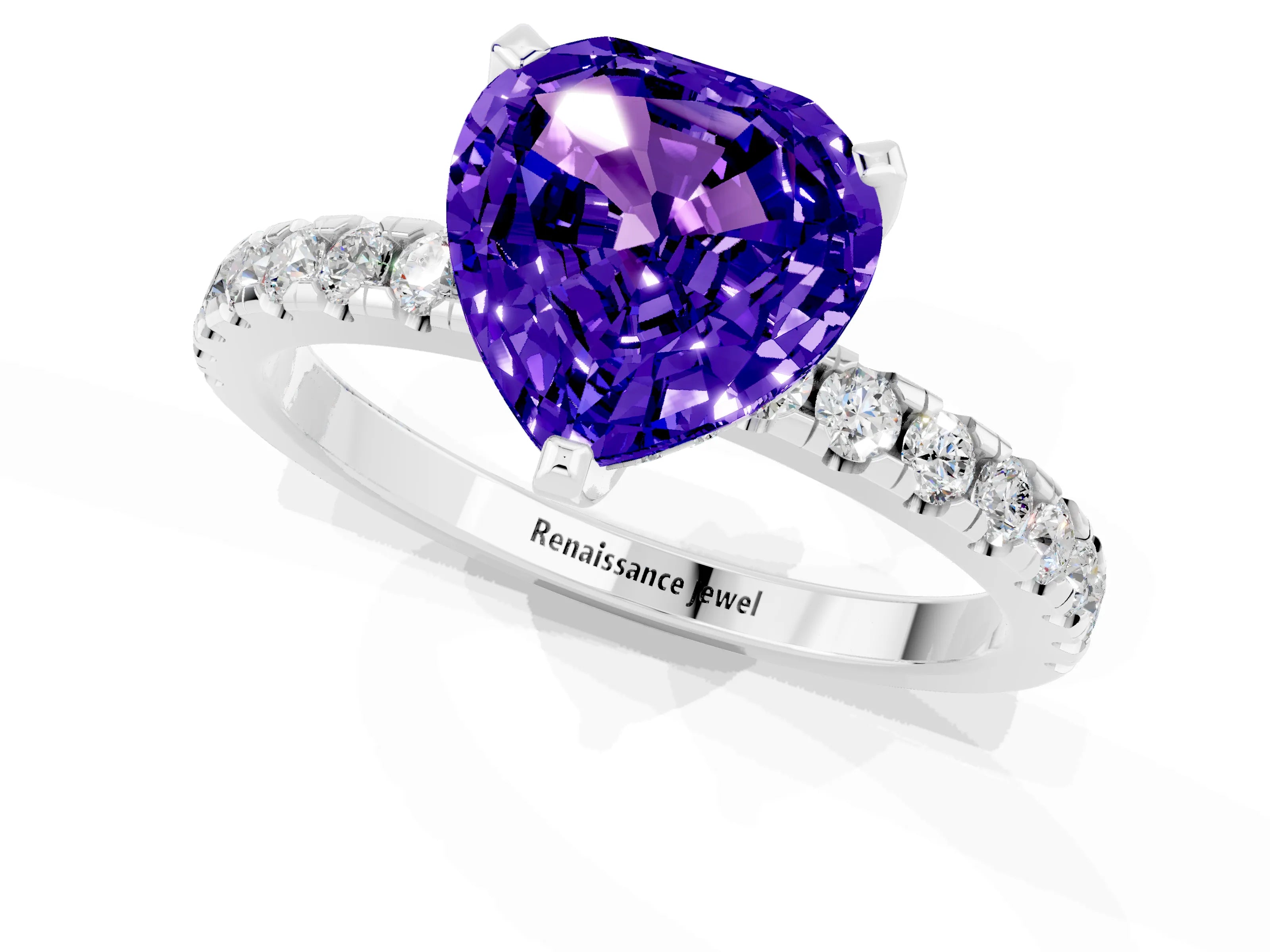 White gold Heart Cut Tanzanite Solitaire Ring with Pavé Band and Four-Prong Setting_13