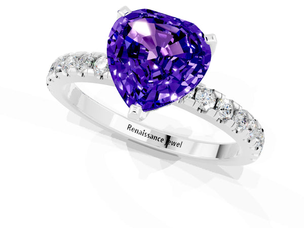 Silver Heart Cut Tanzanite Solitaire Ring with Round  Pavé Band and Four-Prong Setting
