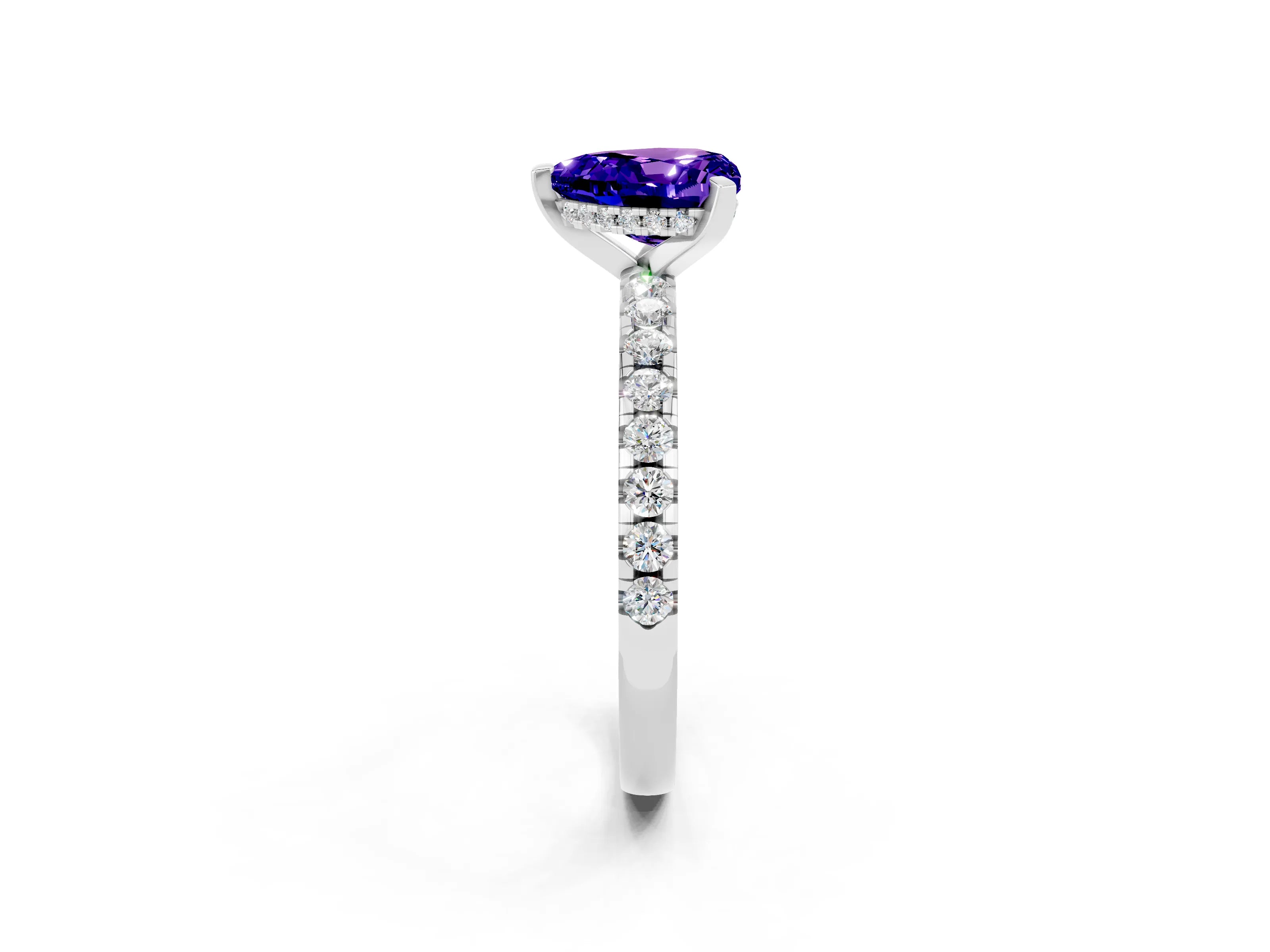 White gold Heart Cut Tanzanite Solitaire Ring with Pavé Band and Four-Prong Setting_14