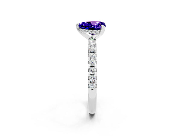 Silver Heart Cut Tanzanite Solitaire Ring with Round  Pavé Band and Four-Prong Setting