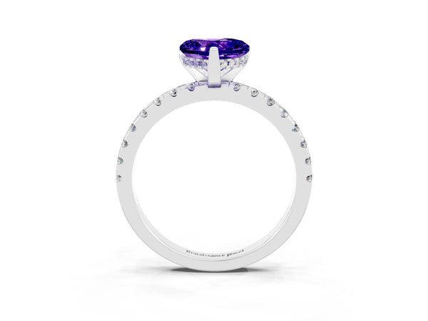Silver Heart Cut Tanzanite Solitaire Ring with Round  Pavé Band and Four-Prong Setting