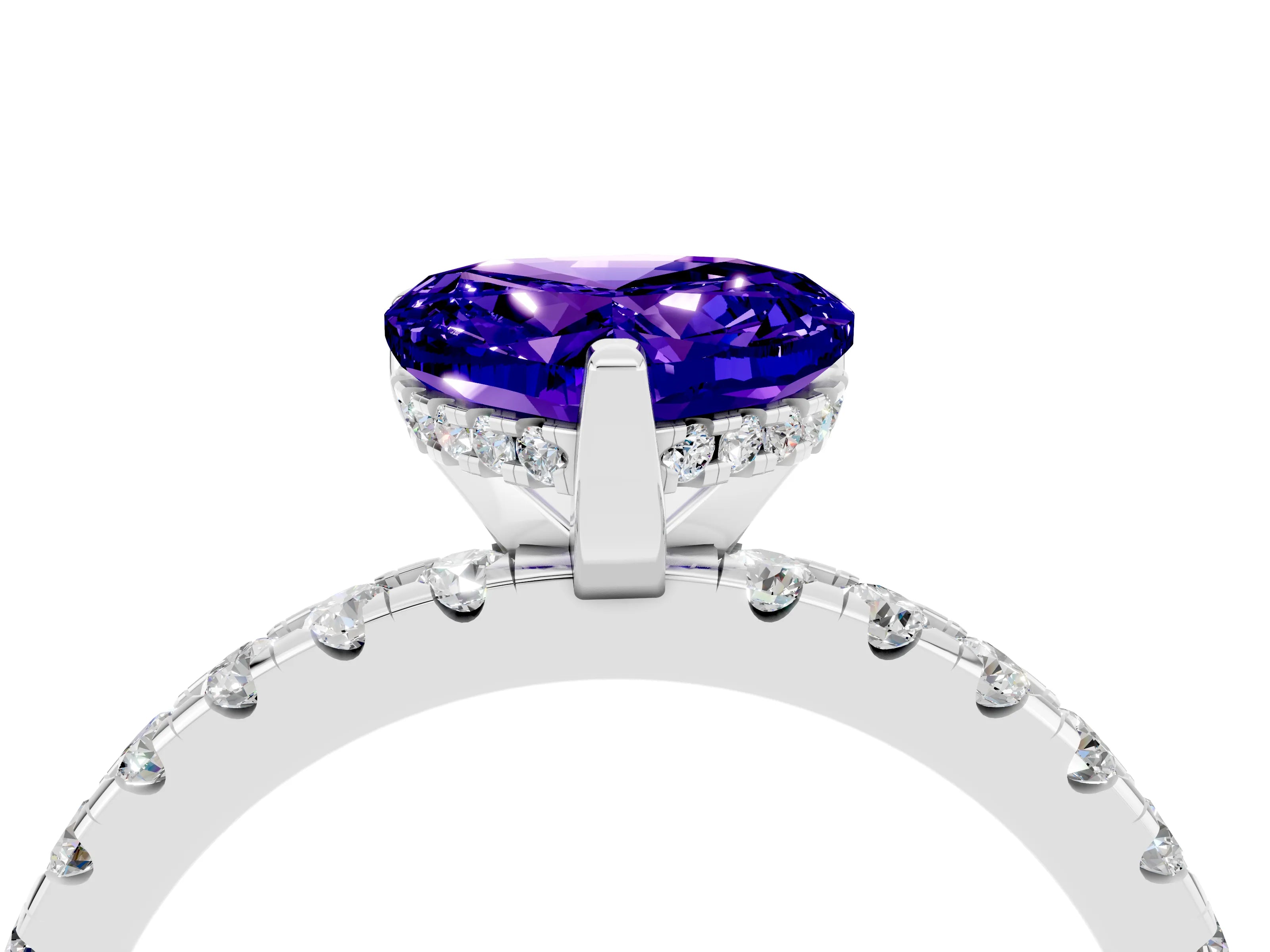 White gold Heart Cut Tanzanite Solitaire Ring with Pavé Band and Four-Prong Setting_16