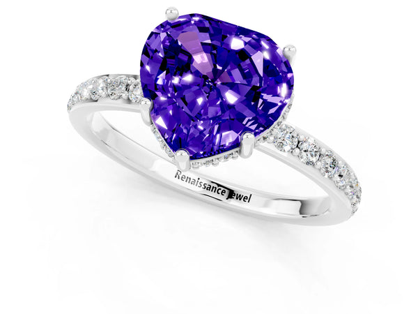 Platinum Heart Cut Tanzanite Solitaire Ring with Pavé Band and Hidden Halo