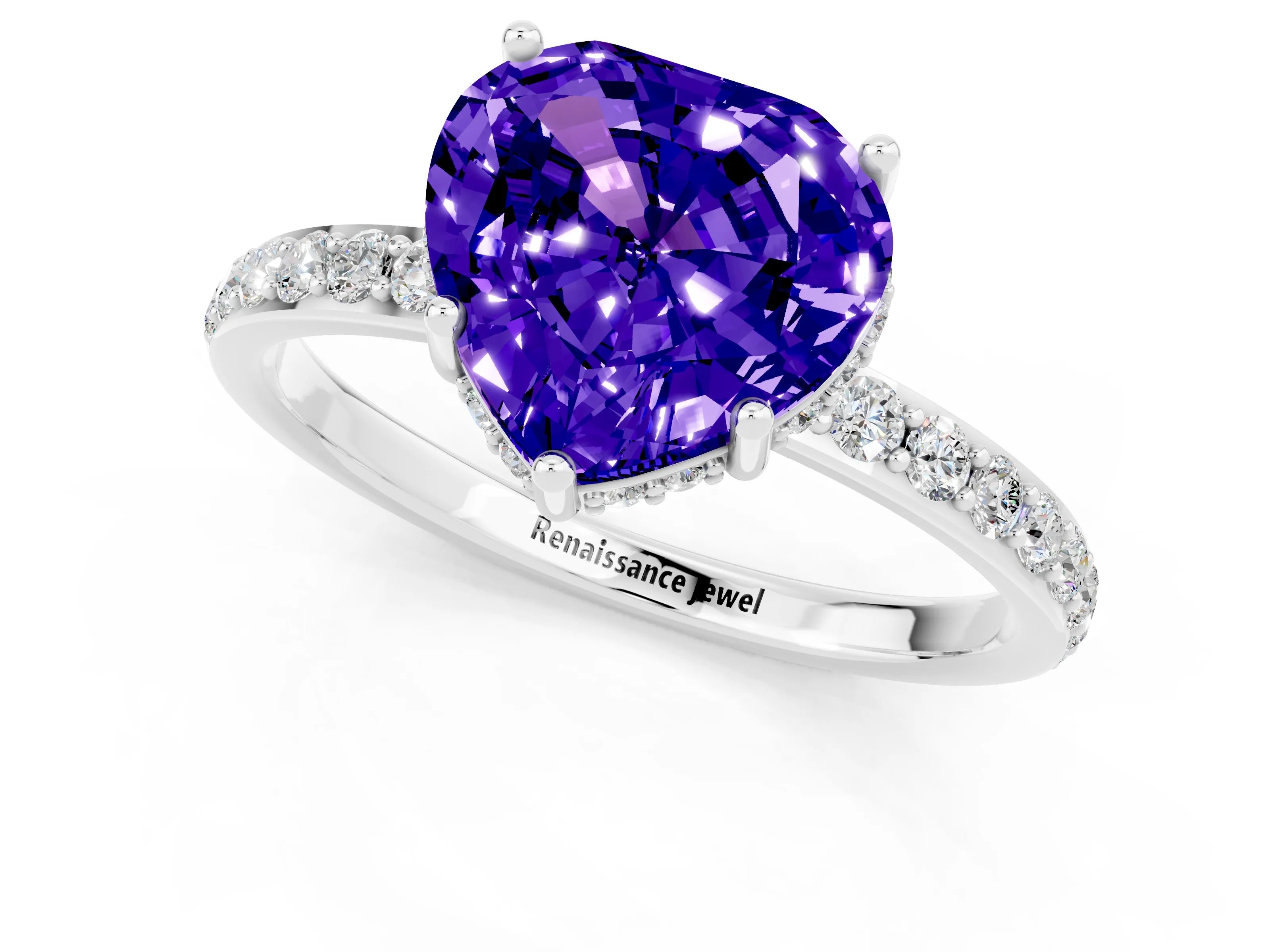 White gold Heart Cut Tanzanite Solitaire Ring with Pavé Band and Hidden Halo_13