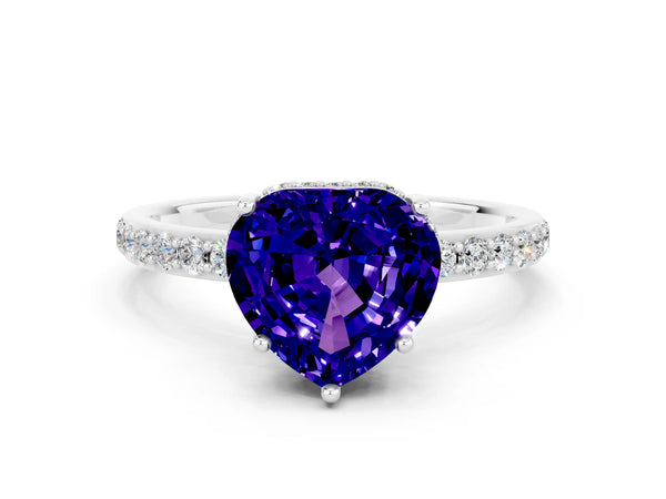 White gold Heart Cut Tanzanite Solitaire Ring with Pavé Band and Hidden Halo