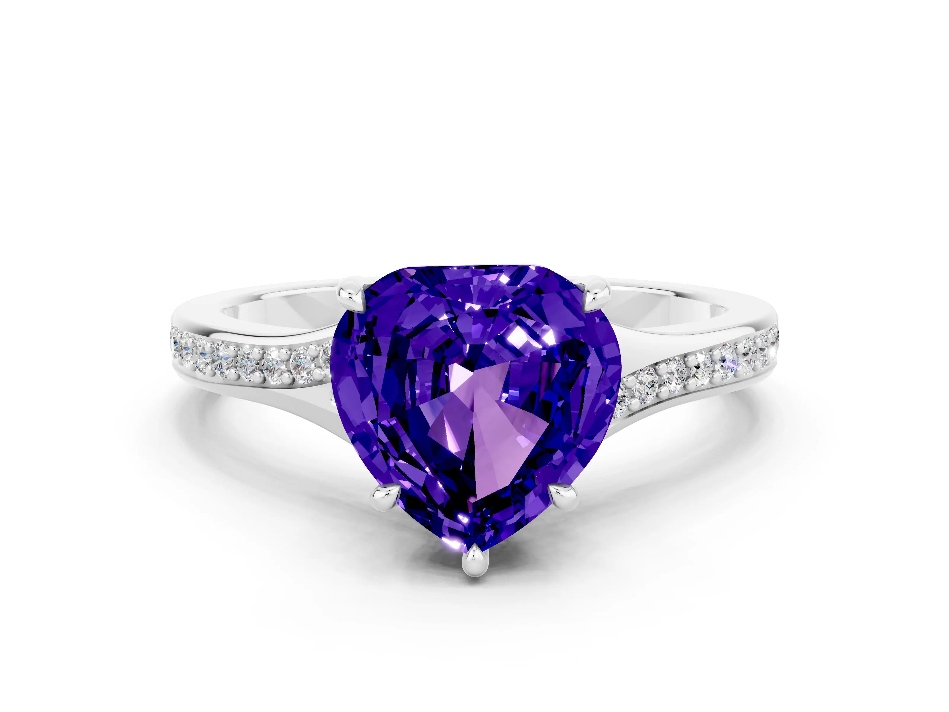 White gold Heart Cut Tanzanite Solitaire Ring with Pavé Band and Prong Setting