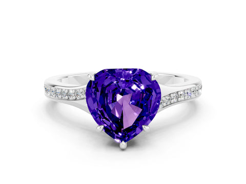 White gold Heart Cut Tanzanite Solitaire Ring with Pavé Band and Prong Setting_12