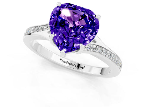 White gold Heart Cut Tanzanite Solitaire Ring with Pavé Band and Prong Setting_13