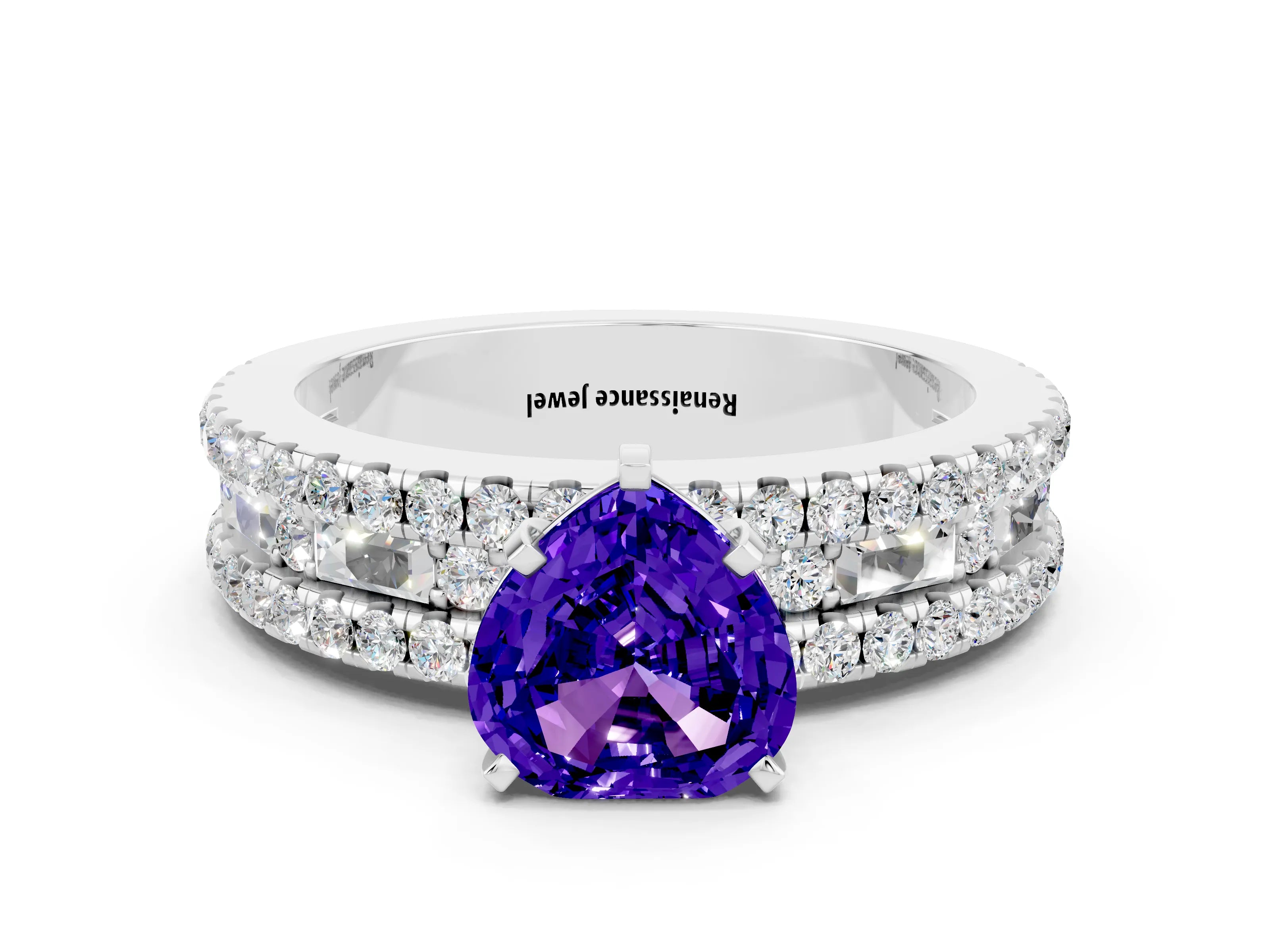 White gold Heart Cut Tanzanite Solitaire Ring with Pavé and Channel Set Band