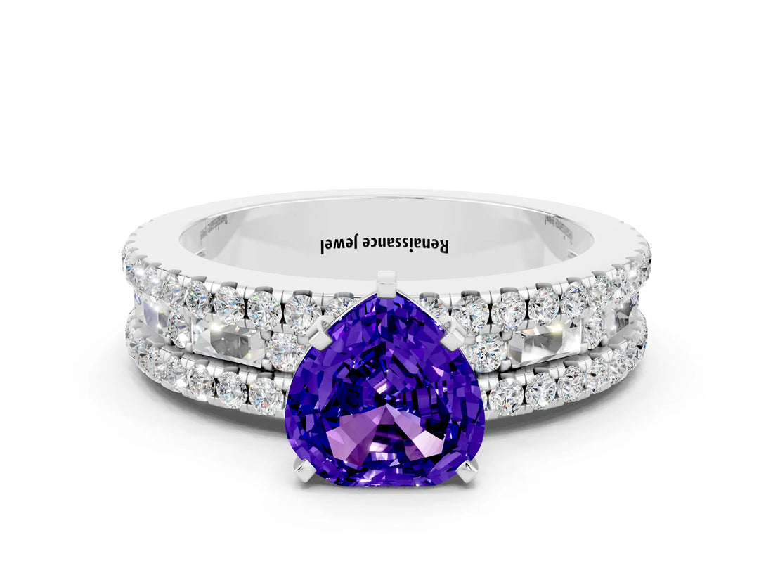 White gold Heart Cut Tanzanite Solitaire Ring with Pavé and Channel Set Band