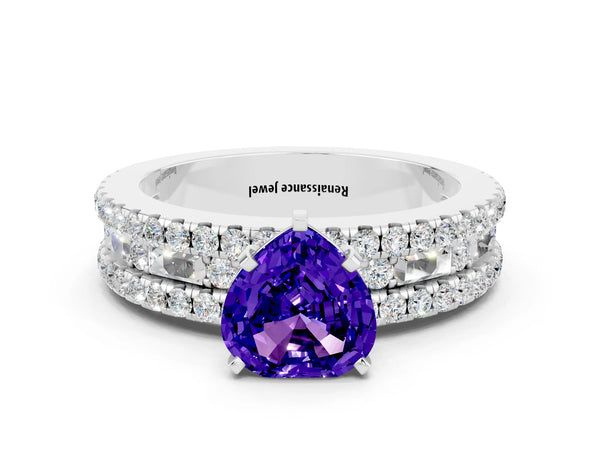 Silver Heart Cut Tanzanite Solitaire Ring with Pavé and Channel Set Band