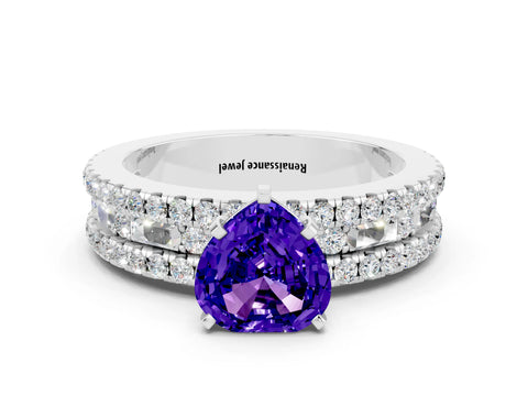 White gold Heart Cut Tanzanite Solitaire Ring with Pavé and Channel Set Band