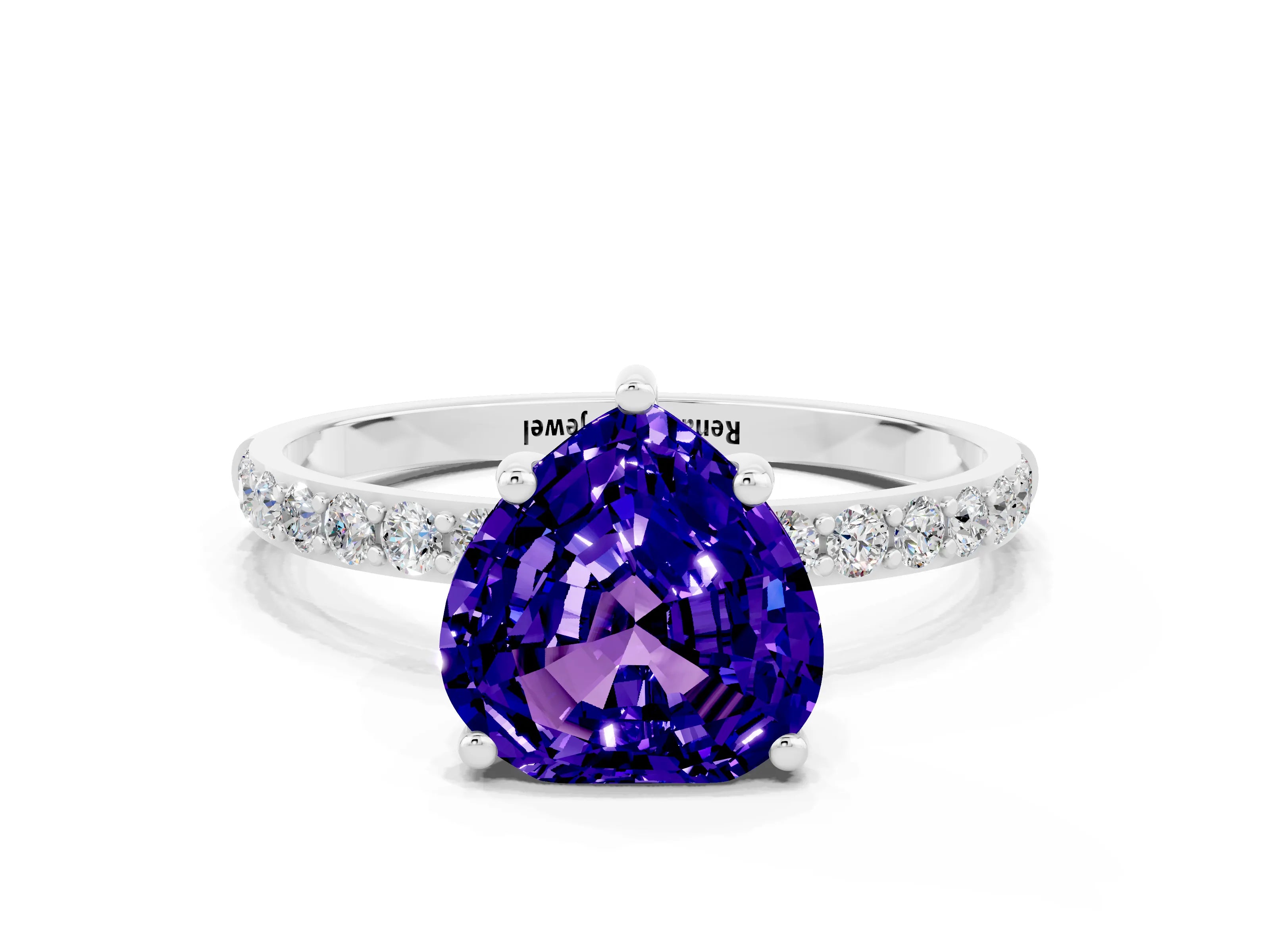White gold Heart Cut Tanzanite Solitaire Ring with Pave Band and Four Prong Setting_24