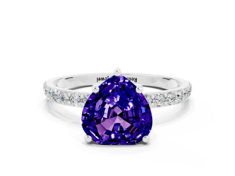 White gold Heart Cut Tanzanite Solitaire Ring with Pave Band and Four Prong Setting_24