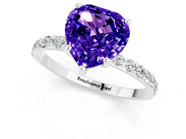 Silver Heart Cut Tanzanite Solitaire Ring with Round  Pavé Band and Prong Setting