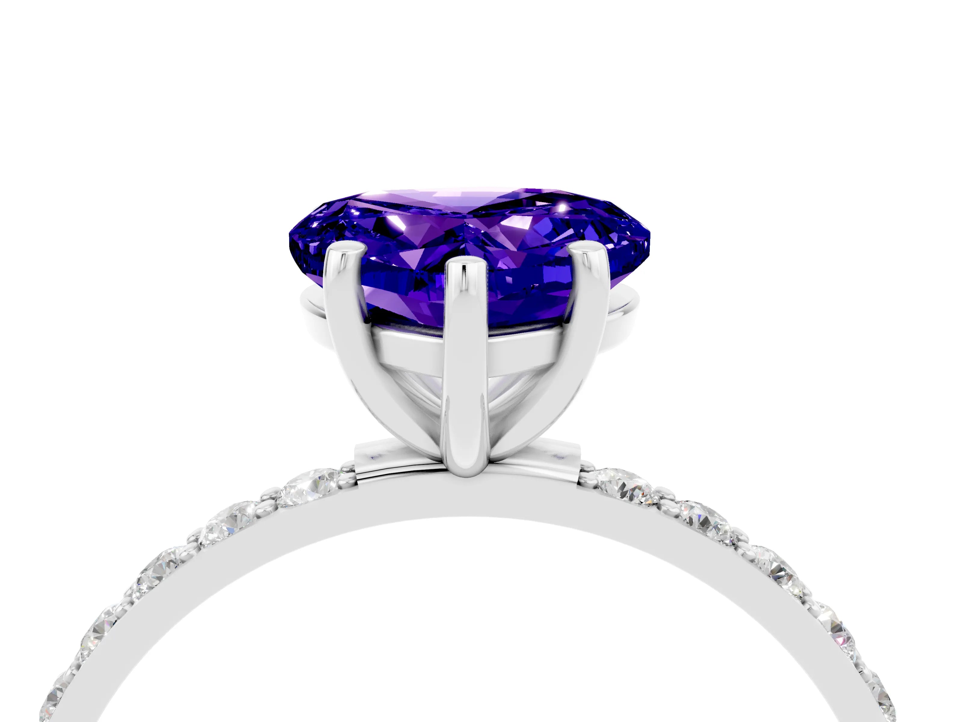 White gold Heart Cut Tanzanite Solitaire Ring with Pave Band and Four Prong Setting_28