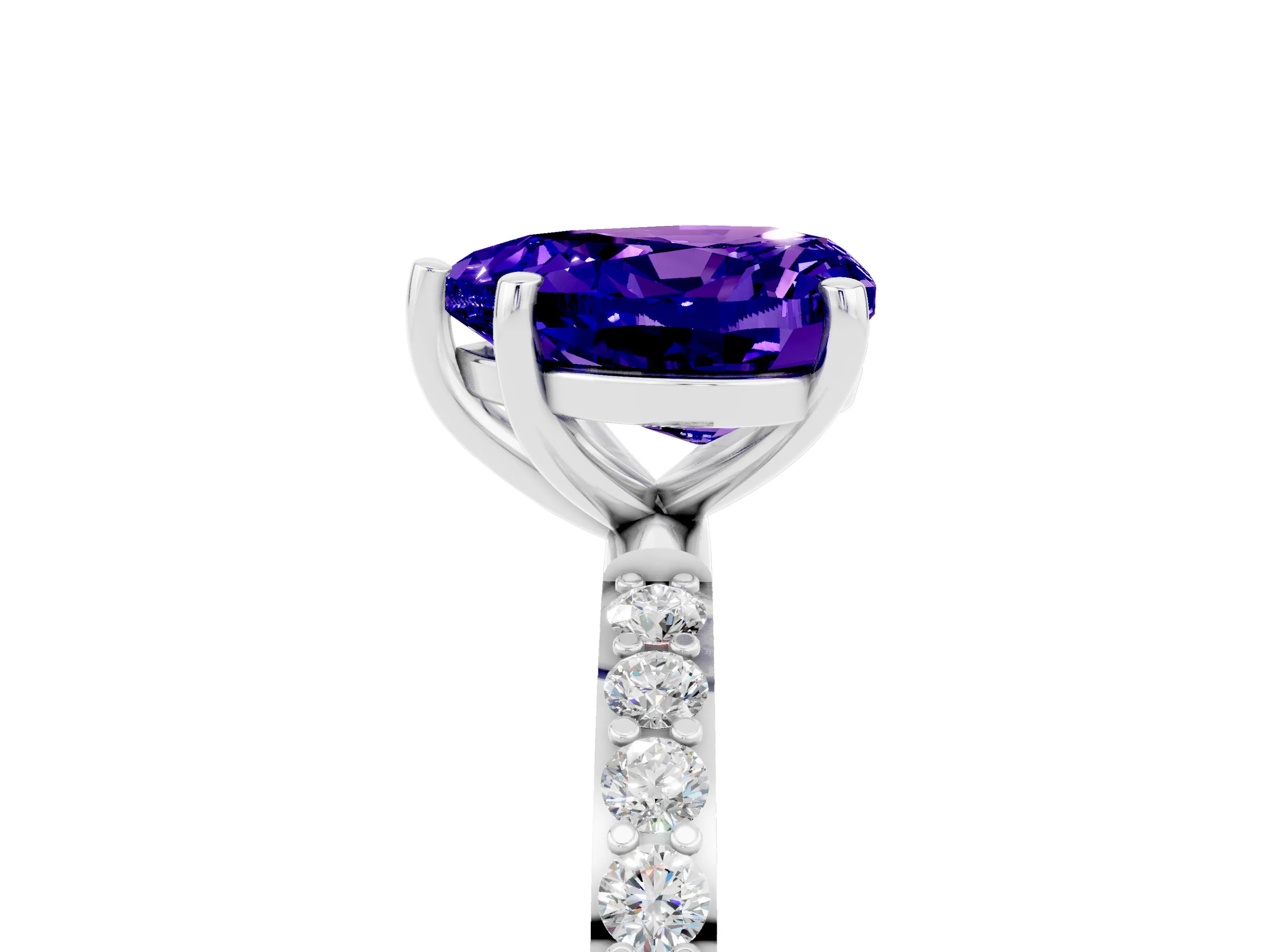 White gold Heart Cut Tanzanite Solitaire Ring with Pave Band and Four Prong Setting_29