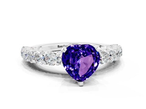 White gold Heart Cut Tanzanite Solitaire Ring with Shared Prong Pavé Band and Four-Prong Setting_12