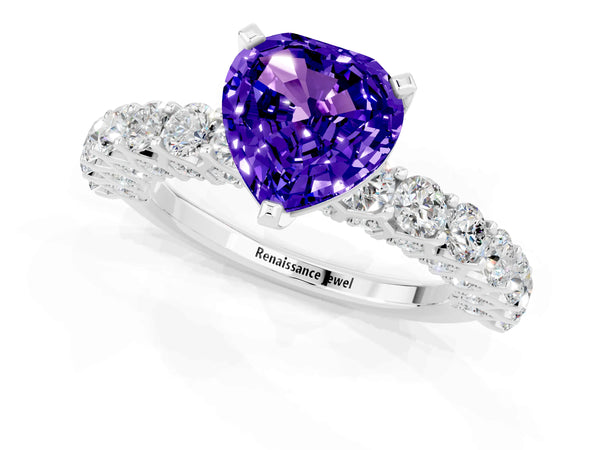 Platinum Heart Cut Tanzanite Solitaire Ring with Shared Prong Pavé Band and Four-Prong Setting