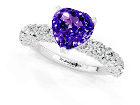 White gold Heart Cut Tanzanite Solitaire Ring with Shared Prong Pavé Band and Four-Prong Setting_13