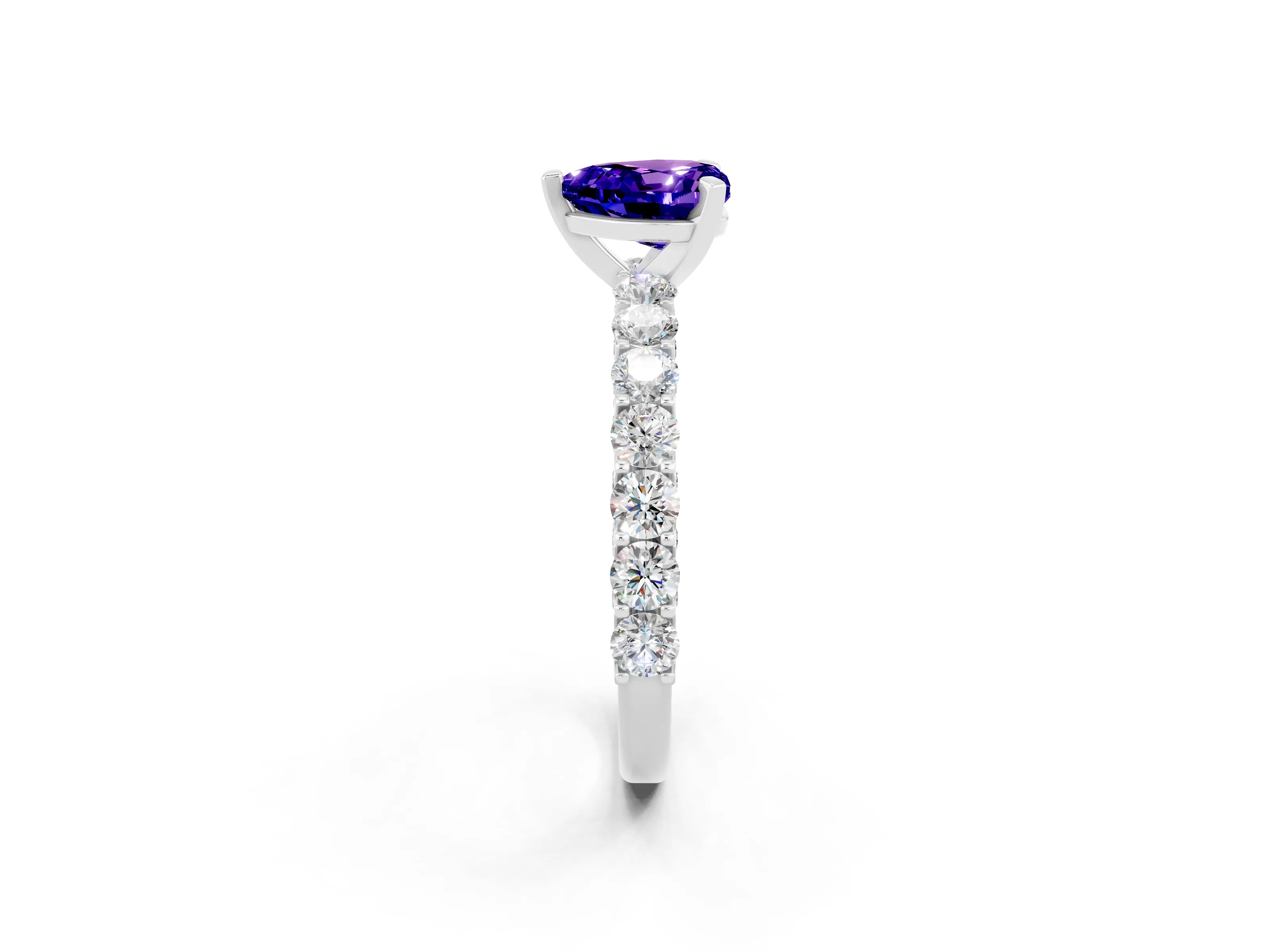 White gold Heart Cut Tanzanite Solitaire Ring with Shared Prong Pavé Band and Four-Prong Setting_14