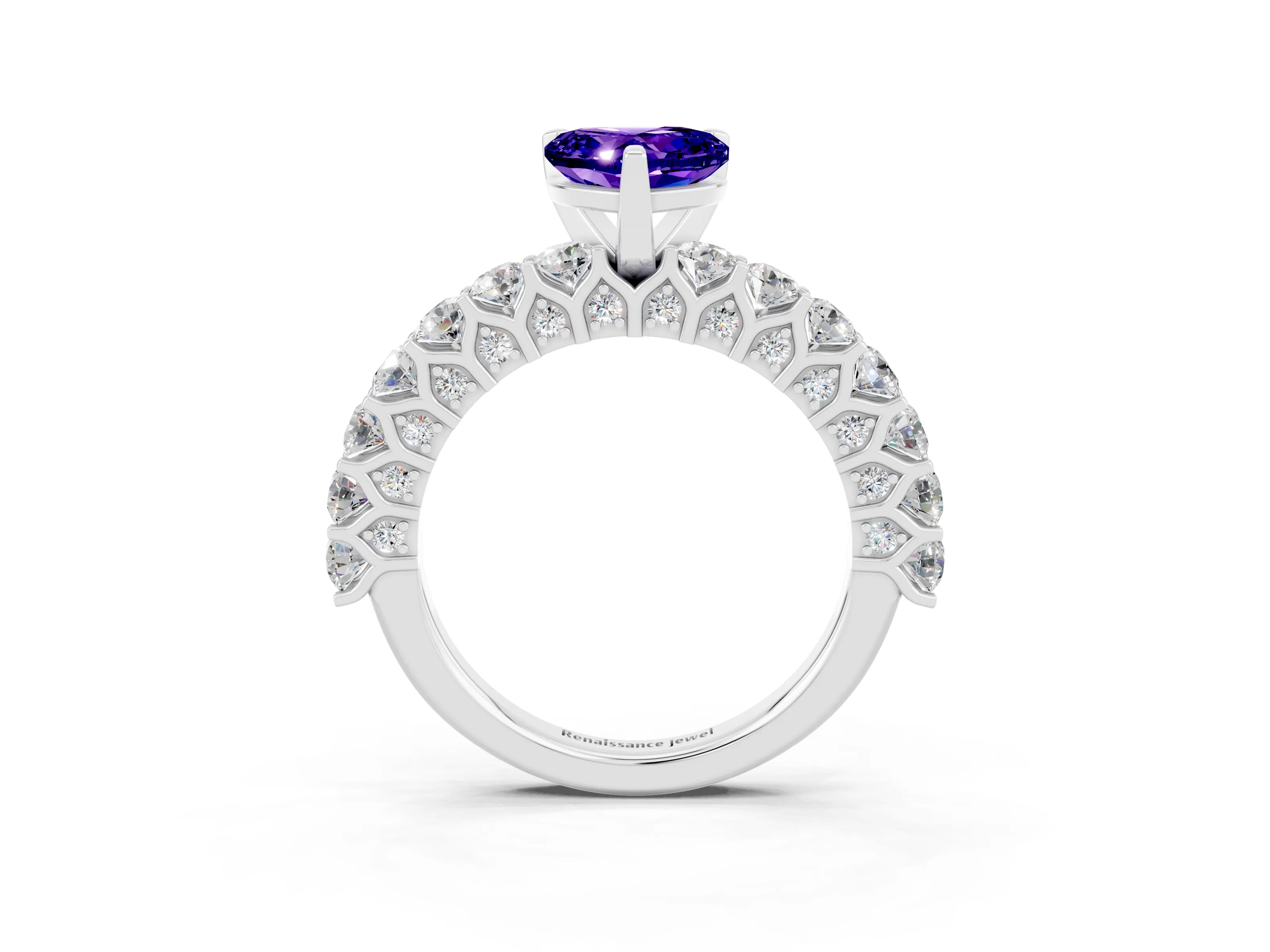 White gold Heart Cut Tanzanite Solitaire Ring with Shared Prong Pavé Band and Four-Prong Setting_15