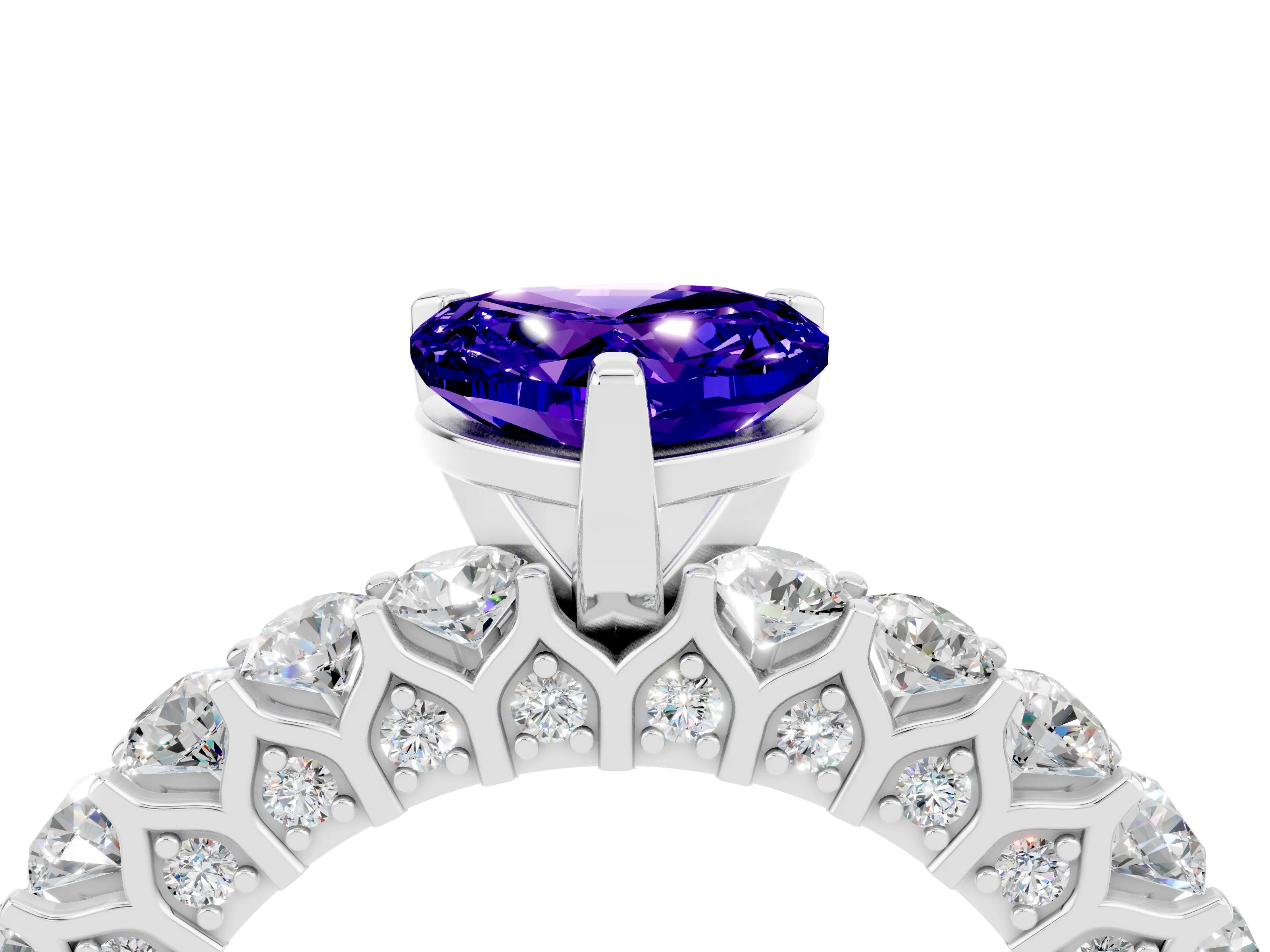 White gold Heart Cut Tanzanite Solitaire Ring with Shared Prong Pavé Band and Four-Prong Setting_16