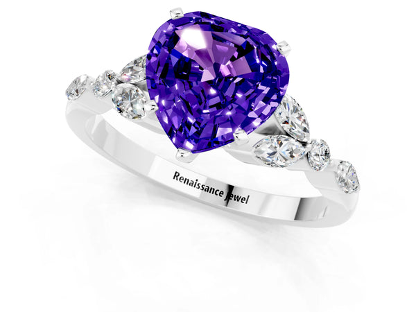 Platinum Heart Cut Tanzanite Solitaire Ring with Side Stones and Four-Prong Setting