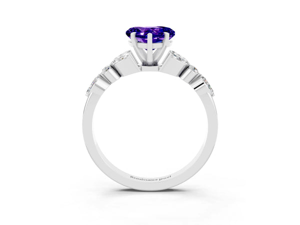 Silver Heart Cut Tanzanite Solitaire Ring with Side Stones and Four-Prong Setting