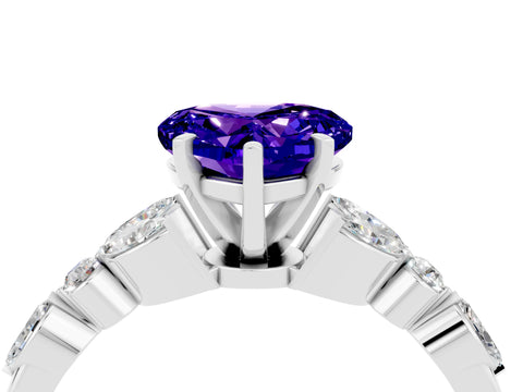 White gold Heart Cut Tanzanite Solitaire Ring with Side Stones and Four-Prong Setting_16