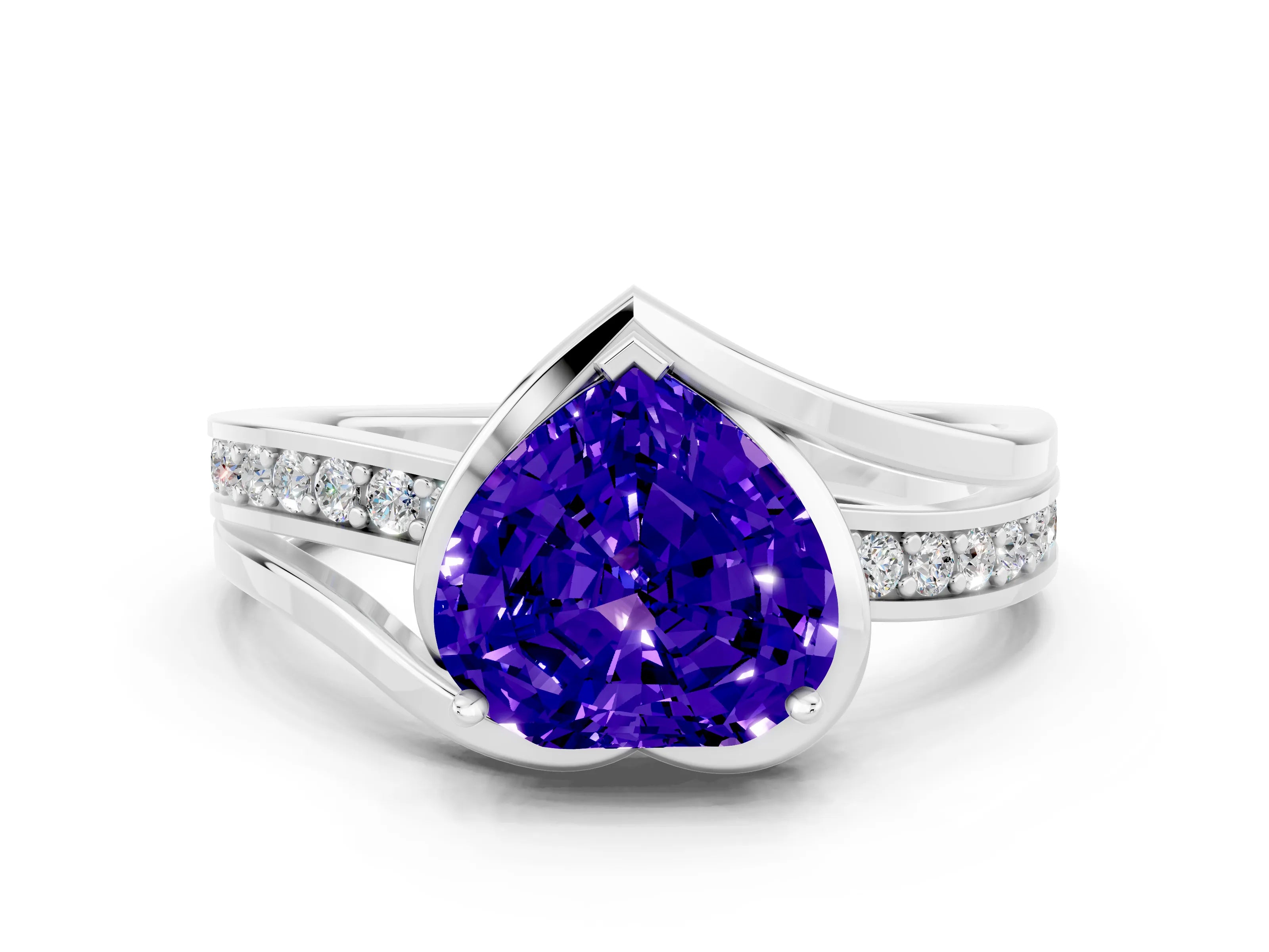 White gold Heart Cut Tanzanite Solitaire Ring with Split Shank and Prong Setting