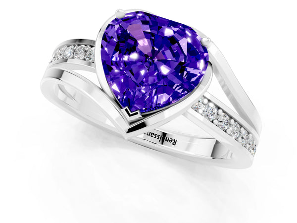 Silver Heart Cut Tanzanite Solitaire Ring with Split Shank and Prong Setting