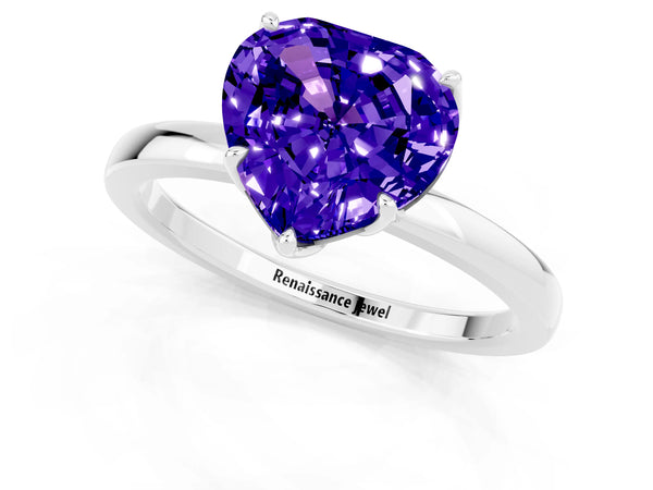 White gold Heart Cut Tanzanite Solitaire Ring with Thin Band and Prong Setting