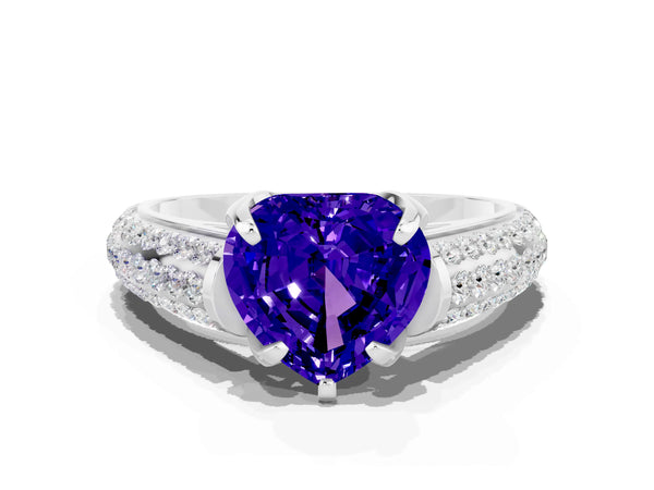 Platinum Heart Cut Tanzanite Solitaire Ring with Three-Row Pavé Band and Four-Prong Setting