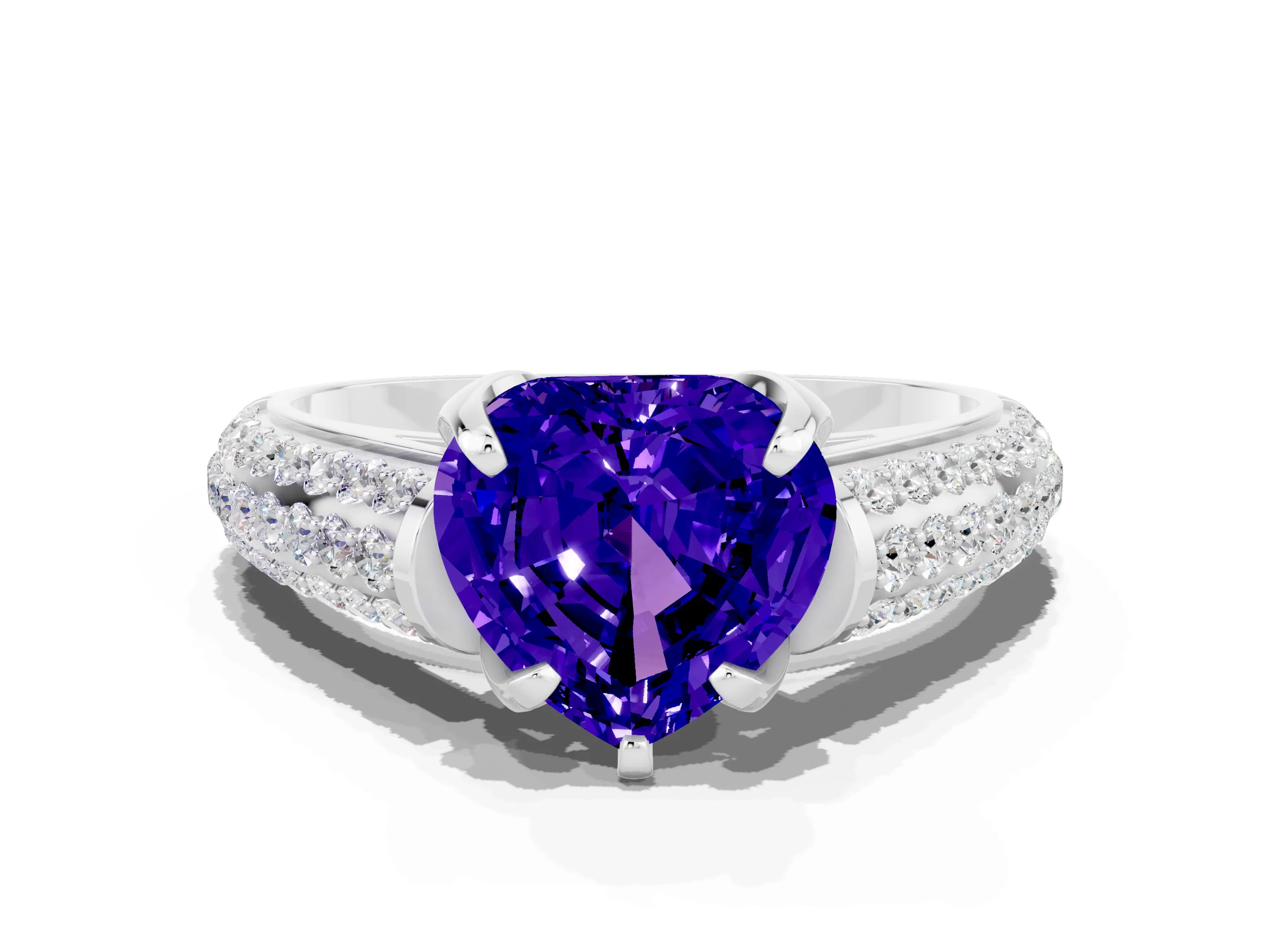 White gold Heart Cut Tanzanite Solitaire Ring with Three-Row Pavé Band and Four-Prong Setting_12