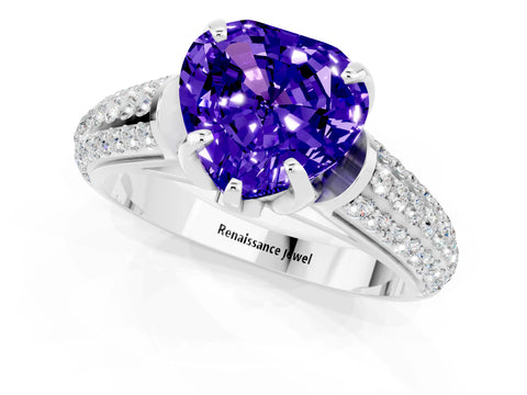 White gold Heart Cut Tanzanite Solitaire Ring with Three-Row Pavé Band and Four-Prong Setting_13