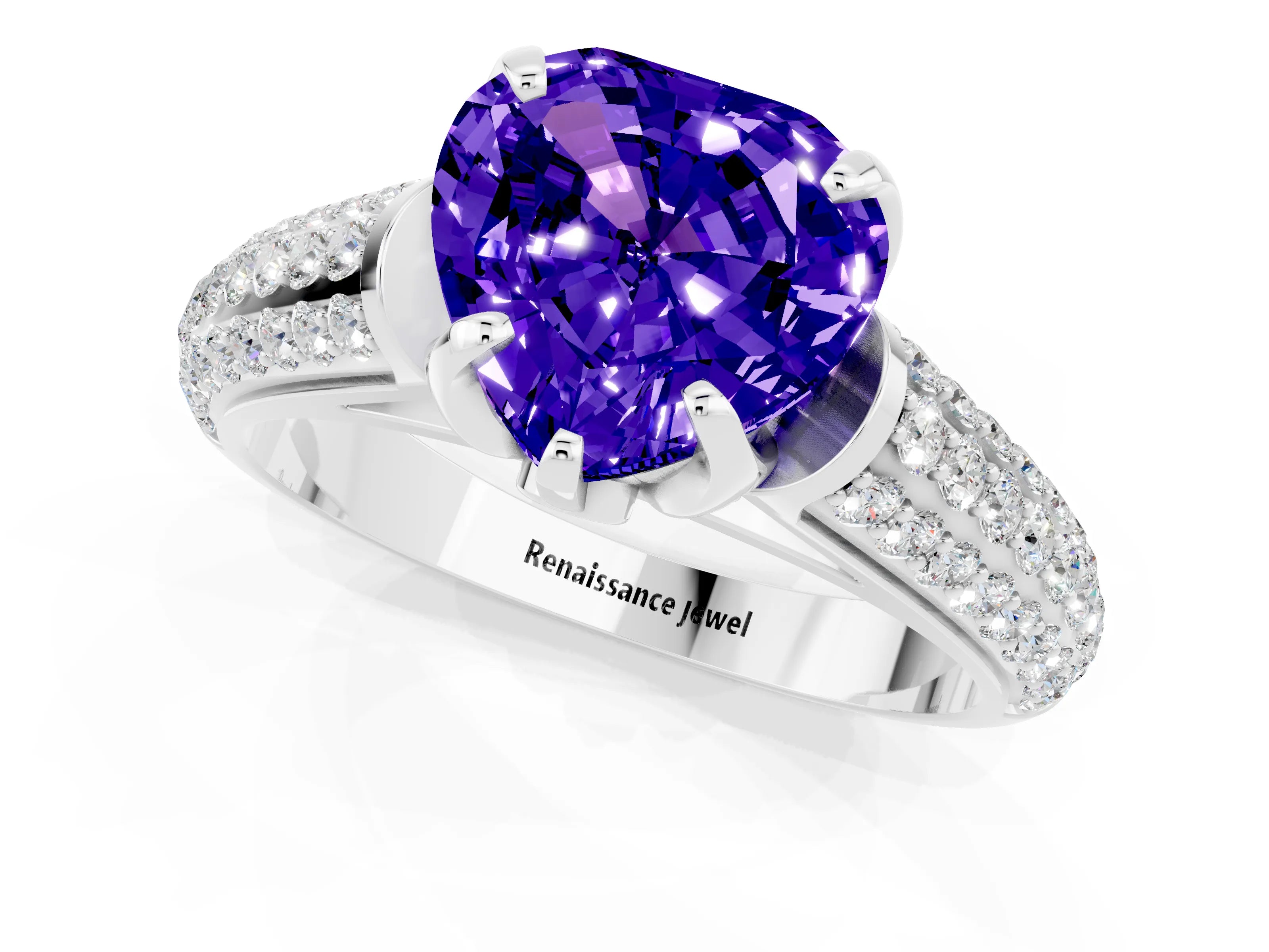 White gold Heart Cut Tanzanite Solitaire Ring with Three-Row Pavé Band and Four-Prong Setting_13