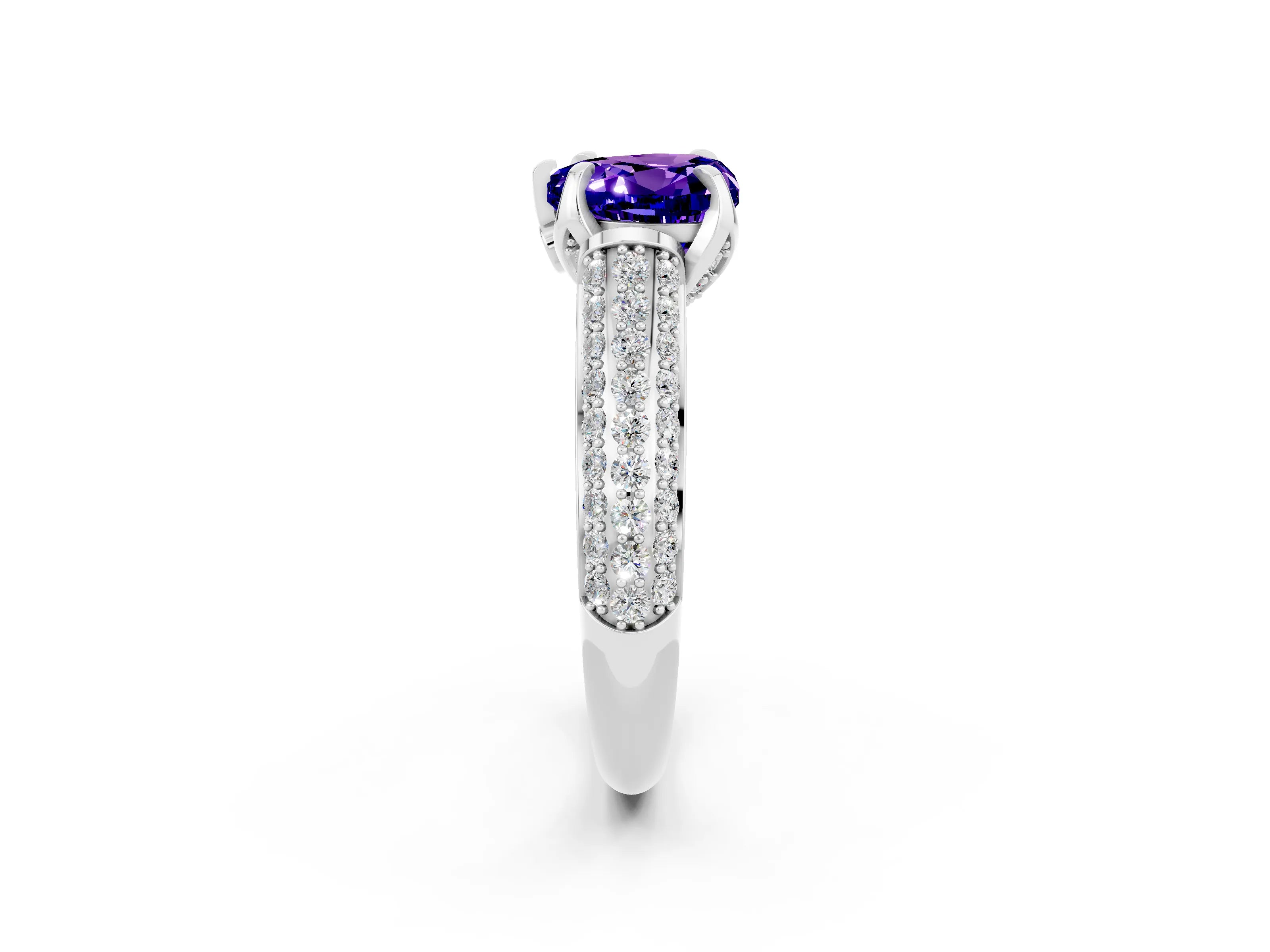 White gold Heart Cut Tanzanite Solitaire Ring with Three-Row Pavé Band and Four-Prong Setting_14