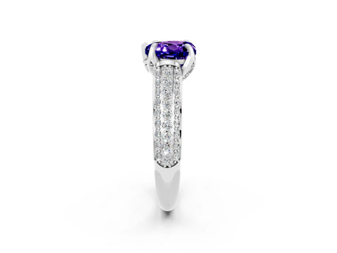 White gold Heart Cut Tanzanite Solitaire Ring with Three-Row Pavé Band and Four-Prong Setting_14