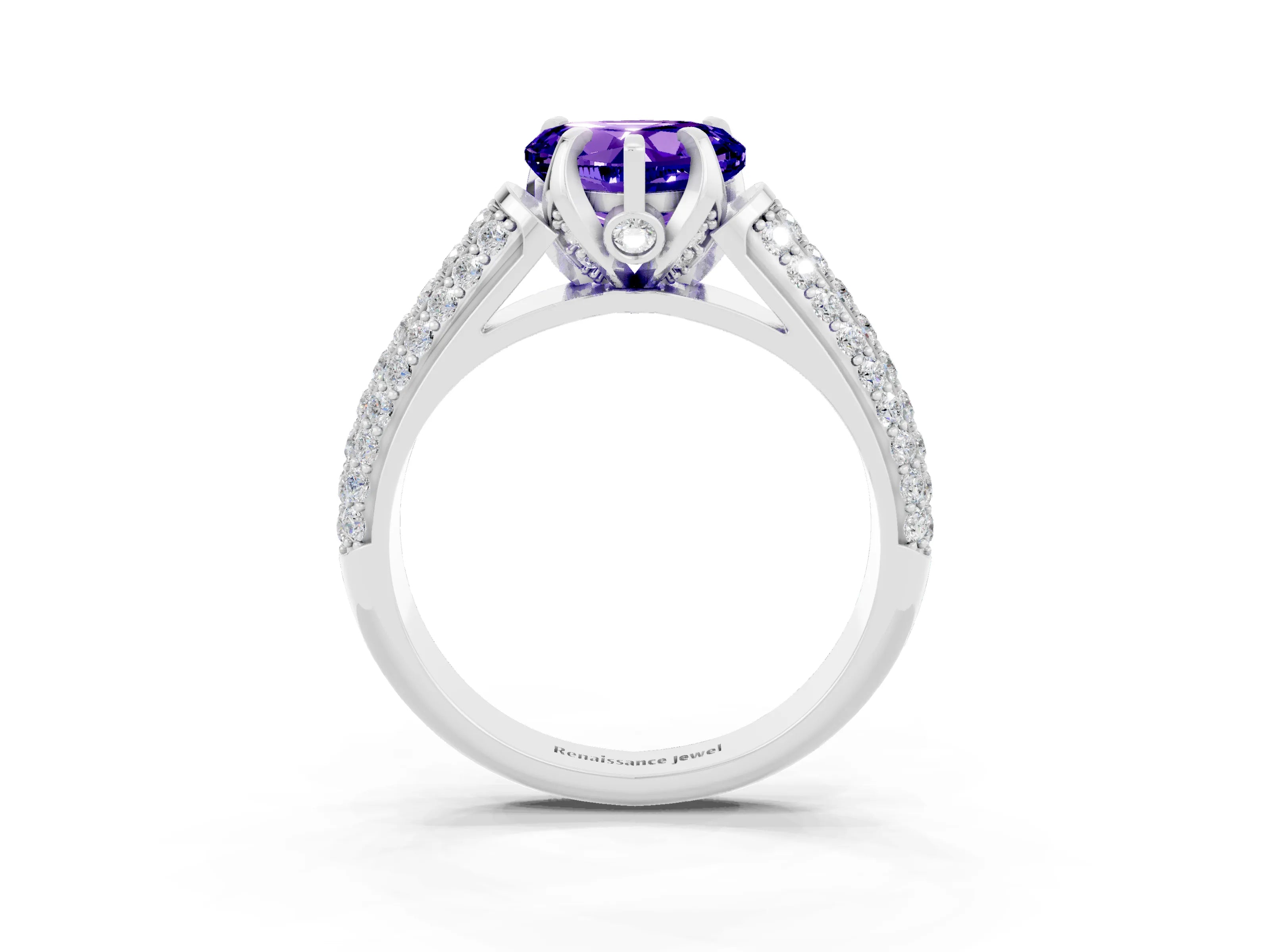 White gold Heart Cut Tanzanite Solitaire Ring with Three-Row Pavé Band and Four-Prong Setting_15