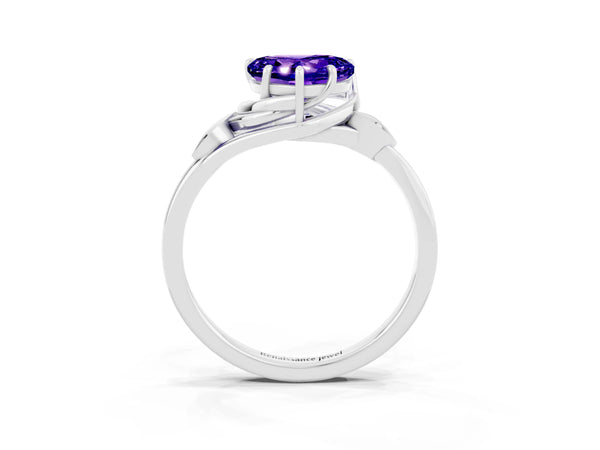Platinum Heart Cut Tanzanite Solitaire Ring with Twist Band and Four-Prong Setting