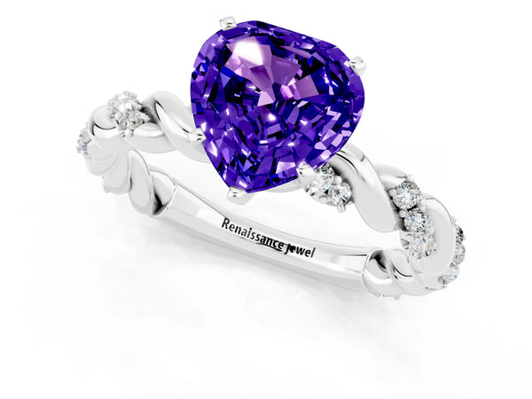 Silver Heart Cut Tanzanite Solitaire Ring with Twisted Band and Pavé Accents