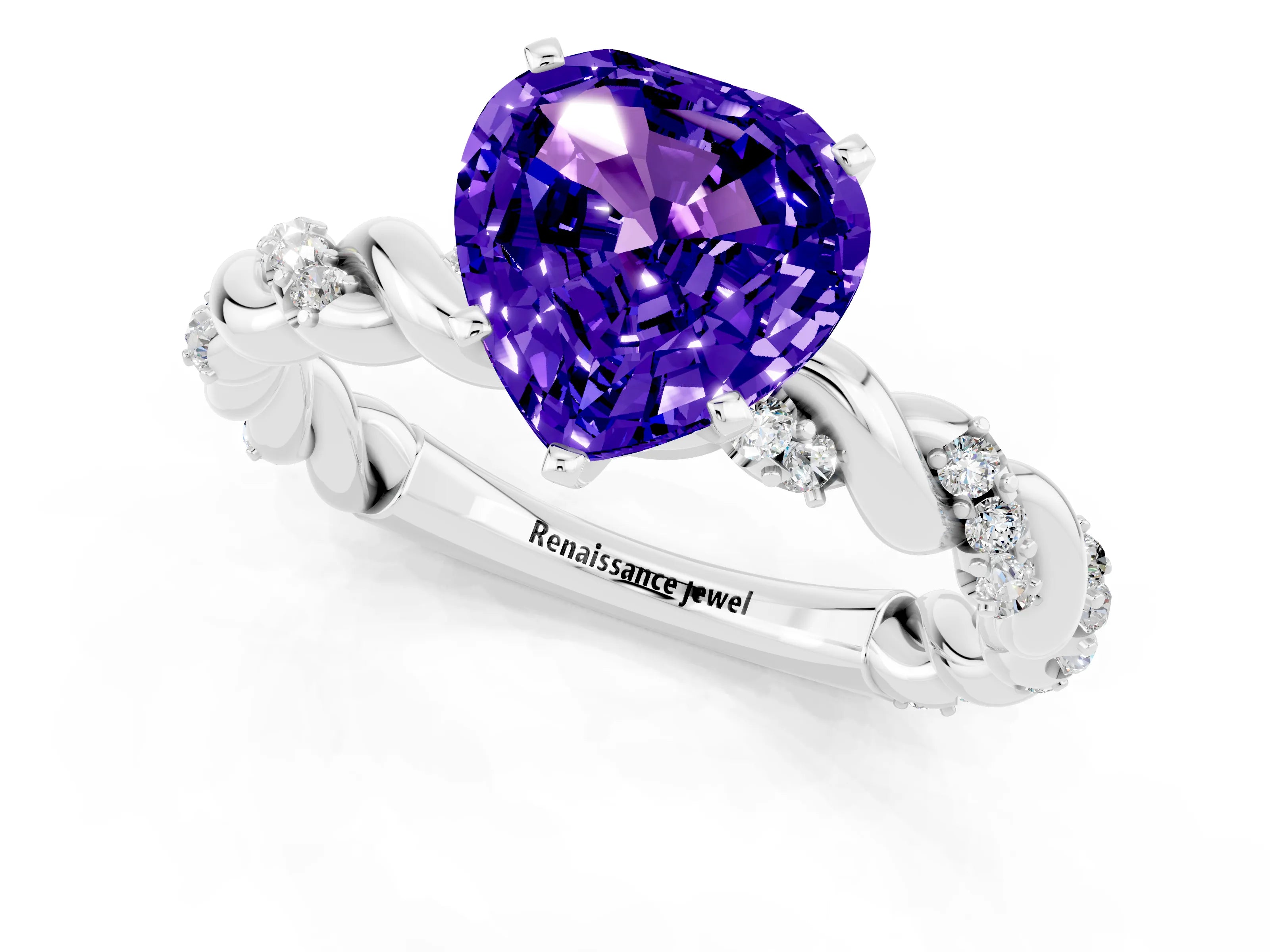 White gold Heart Cut Tanzanite Solitaire Ring with Twisted Band and Pavé Accents_1