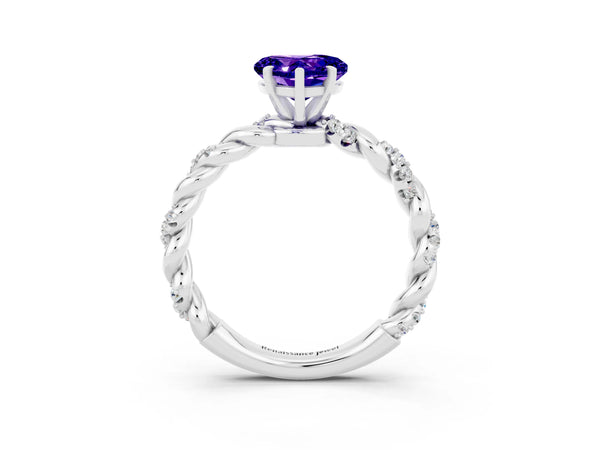 Silver Heart Cut Tanzanite Solitaire Ring with Twisted Band and Pavé Accents