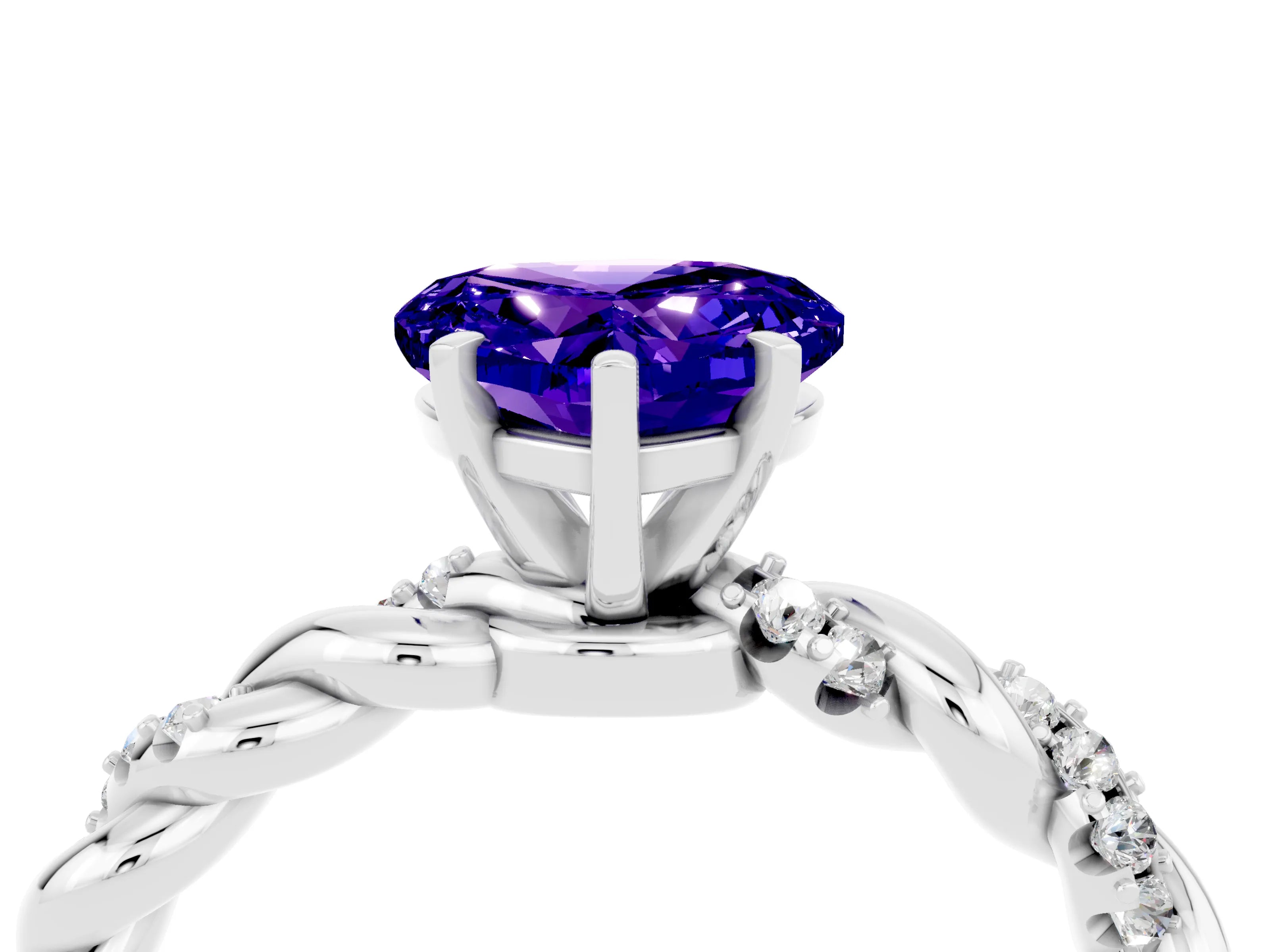 White gold Heart Cut Tanzanite Solitaire Ring with Twisted Band and Pavé Accents_4