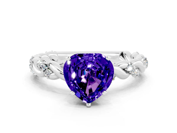 White gold Heart Cut Tanzanite Solitaire Ring with Twisted Band and Pavé Accents