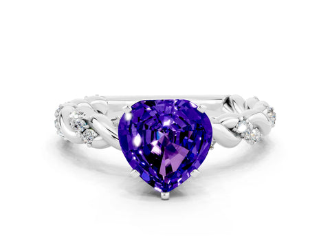 White gold Heart Cut Tanzanite Solitaire Ring with Twisted Band and Pavé Accents