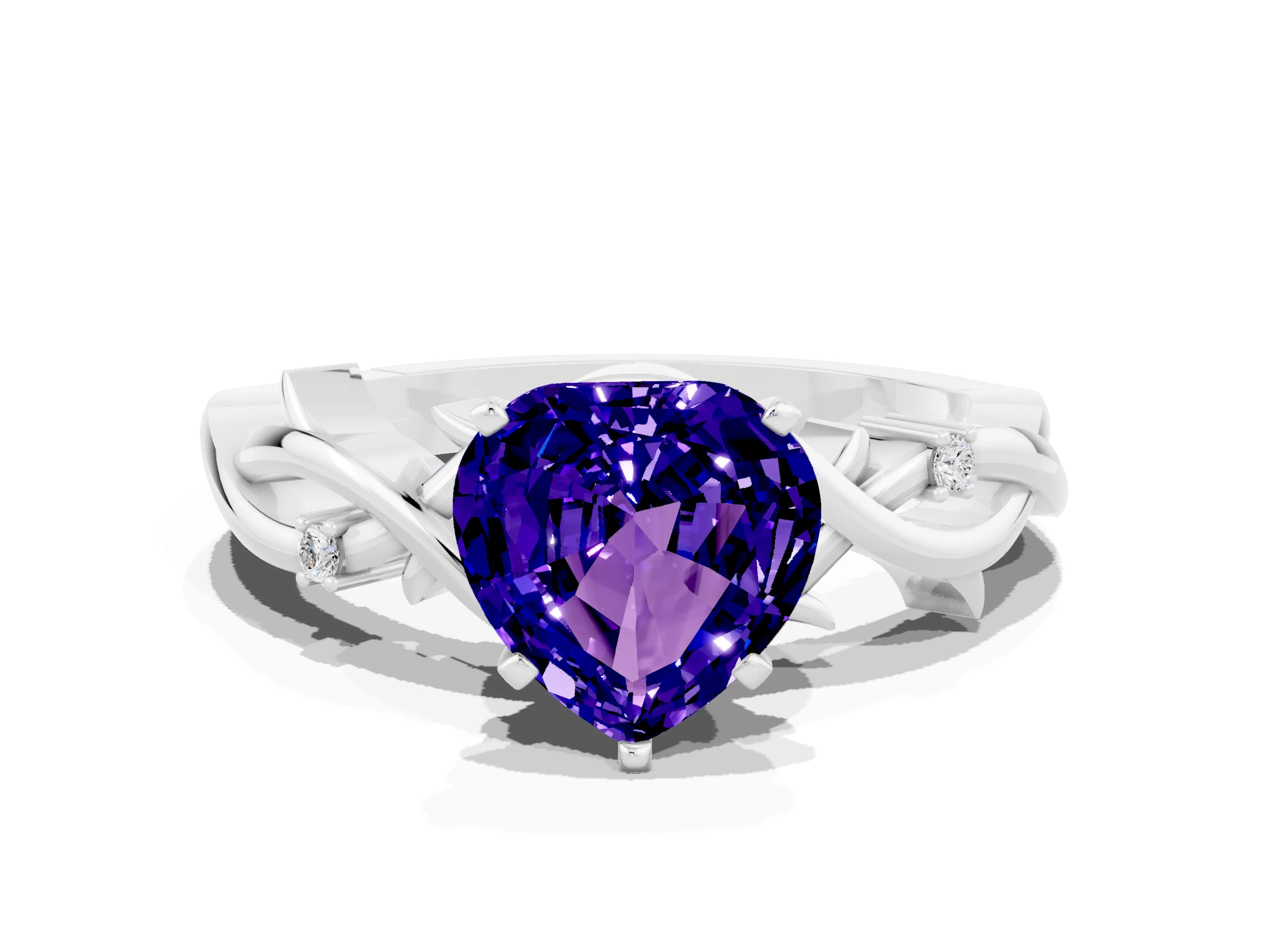 White gold Heart Cut Tanzanite Solitaire Ring with Twisted Band and Prong Setting_12